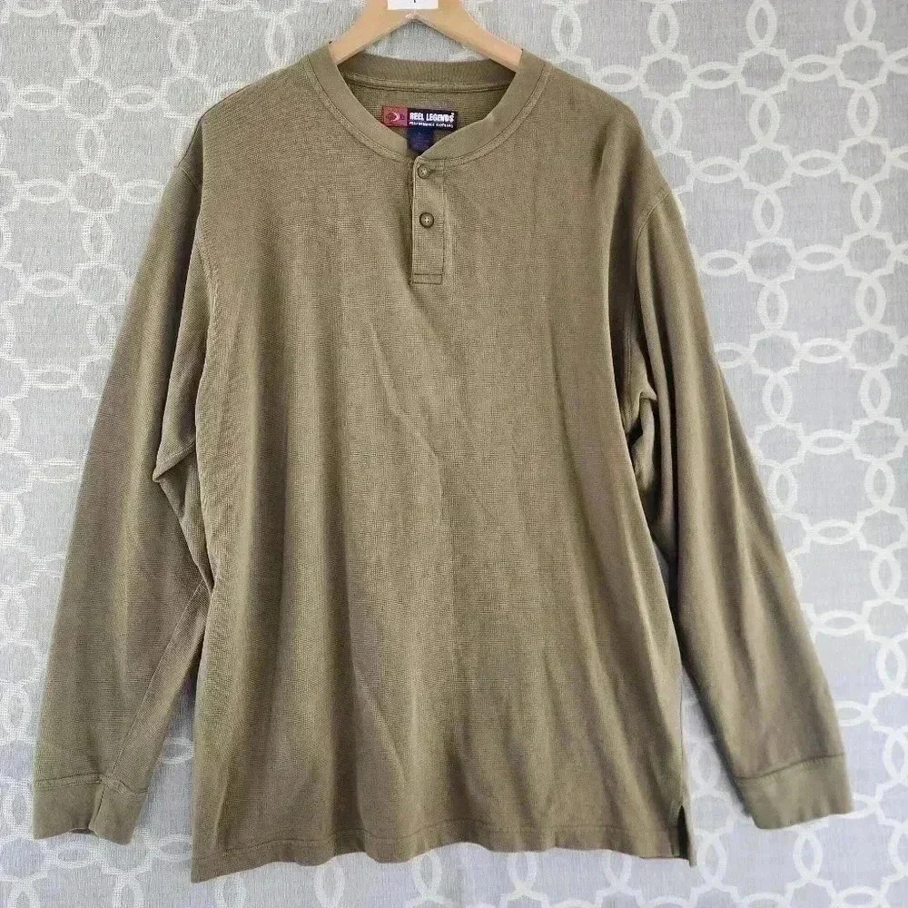 Reel Legends Cotton Green Waffle Knit Long sleeve Men's Shirt L